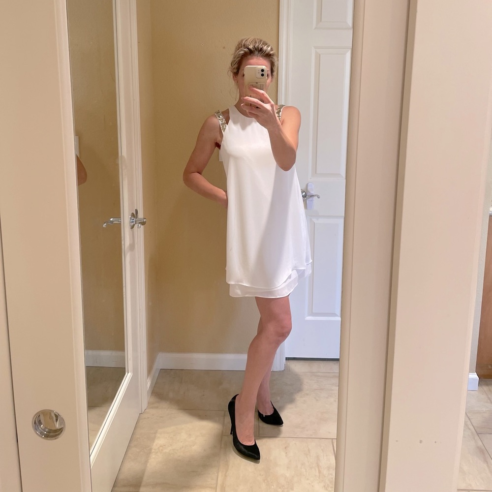 BCBG MaxAzria formal silk white mini dress w crystals size XXS fits XS as well